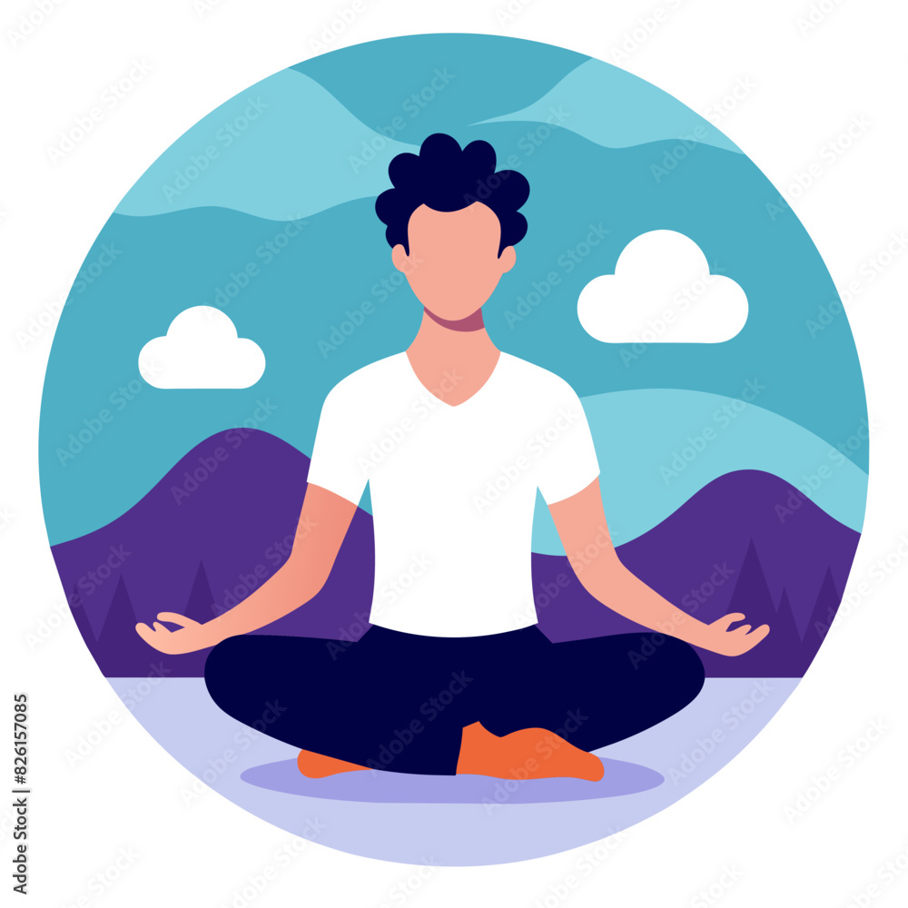 A man is sitting in a lotus position with mountains in the background A man is sitting in a lotus position with mountains in the background