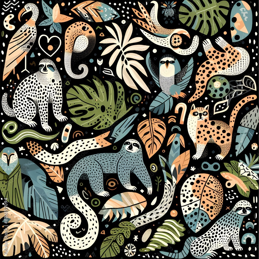 A colorful and detailed drawing of various animals and plants, including a sloth, a bird, and a cat. Concept of nature and wildlife, with each animal and plant depicted in a unique and artistic way A colorful and detailed drawing of various animals and plants, including a sloth, a bird, and a cat. Concept of nature and wildlife, with each animal and plant depicted in a unique and artistic way
