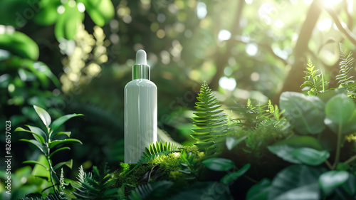 The white cosmetic serum bottle on a nature background with green plants in a forest.  photo