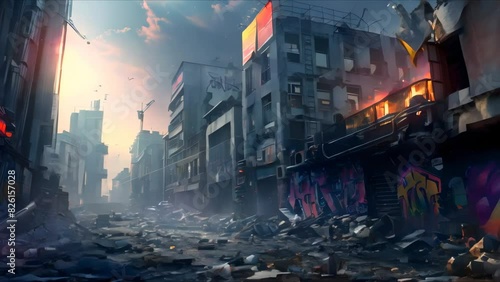 Dystopian Cityscape: Run-Down Buildings, Graffiti, and Futuristic Technology. Concept Dystopian Cityscape, Run-Down Buildings, Graffiti, Futuristic Technology photo