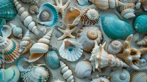 Teal-toned seashells arranged artfully on a sandy beach, reflecting coastal beauty.