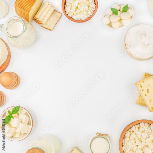 Set of different dairy products milk, sour cream, cottage cheese on a white background top view. copy space, yogurt and butter, eco lactose-free food
