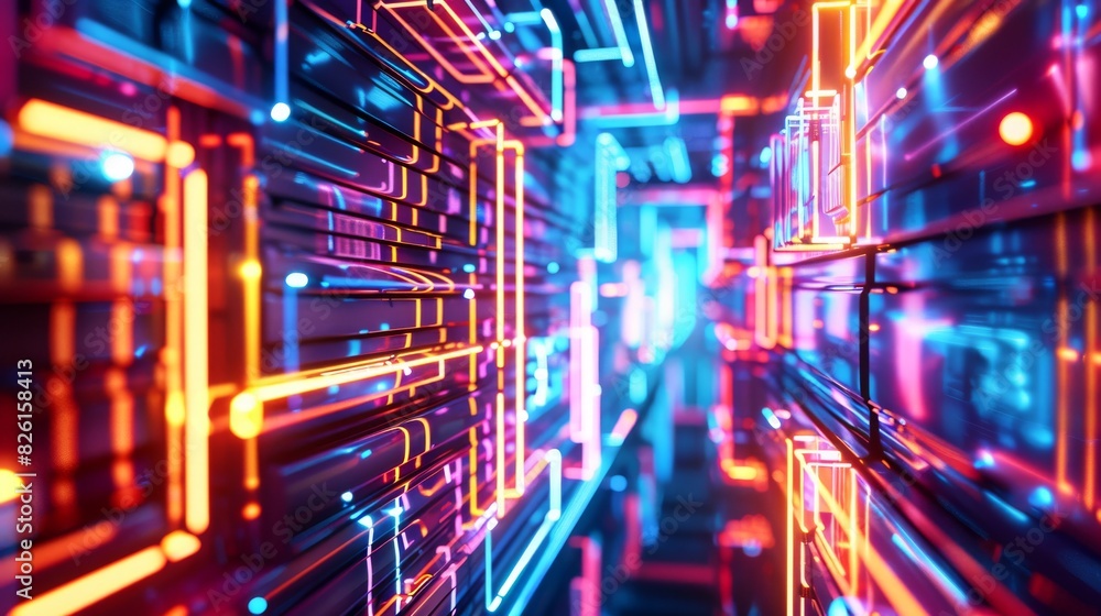neon light tubes forming intricate patterns or symbols of futuristic technology