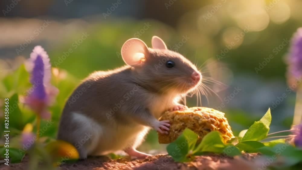Inquisitive mouse on the hunt for cheese crumbs, standing holding crumbs outdoor in the park Inquisitive mouse on the hunt for cheese crumbs, standing holding crumbs outdoor in the park