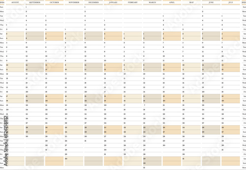 2024-2025 Academic year wall planner from August Sunday start