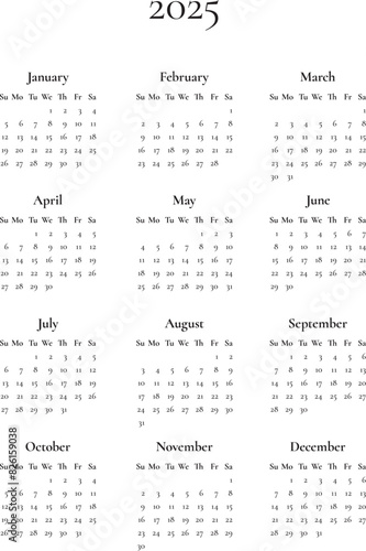 2025 yearly calendar template Sunday start, 12 months simple minimalist vector planner in vertical portrait orientation