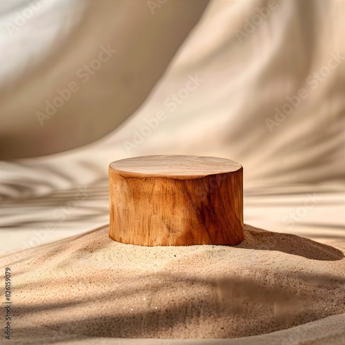 A beach sand background with soft lighting and a wooden pedestal for product presentation photo