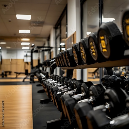 A row of dumbbells on a rack in an empty gym,.