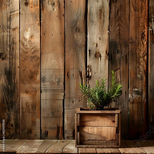 A rustic barn wood background with a wooden crate pedestal. photo