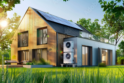 A stylish modern home with a wooden facade, solar panels on the roof, and a heat pump system, surrounded by lush greenery. Perfect for sustainable and eco-friendly living