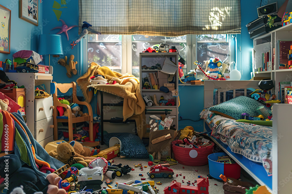Fototapeta premium Teenager's bedroom with clothes, toys and cds thrown around for Pandemonium Day 14th July