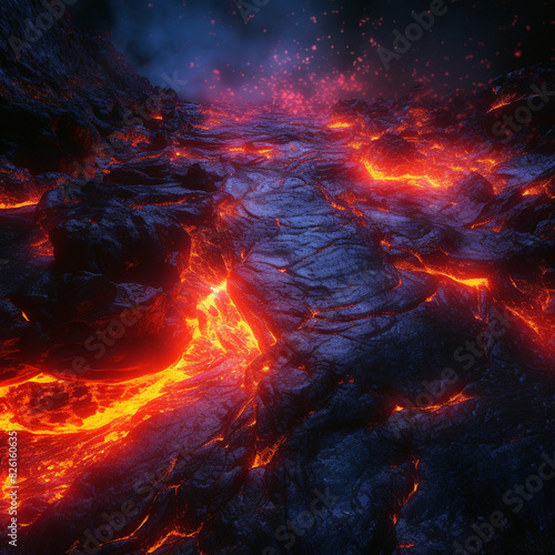 Lava illustration. Molten rock from a volcano. Flows down the mountainside, glowing hotly the power of nature. photo
