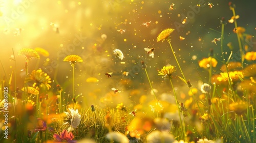 Field of yellow flowers with sunlight filtering through them