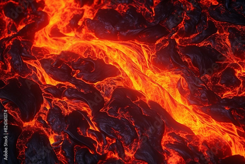 Lava illustration. Molten rock from a volcano. Flows down the mountainside, glowing hotly the power of nature. photo