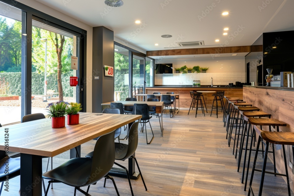 a restaurant with tables and chairs and a bar, space for eat