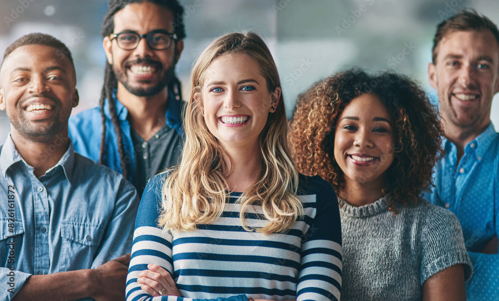 Obraz premium Group, people and diversity in portrait at startup with smile, support and creativity in modern office. Women, men and team building with solidarity at media agency for collaboration in workplace