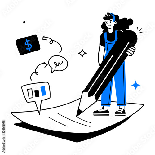 Easy to edit doodle mini illustration of report writing 