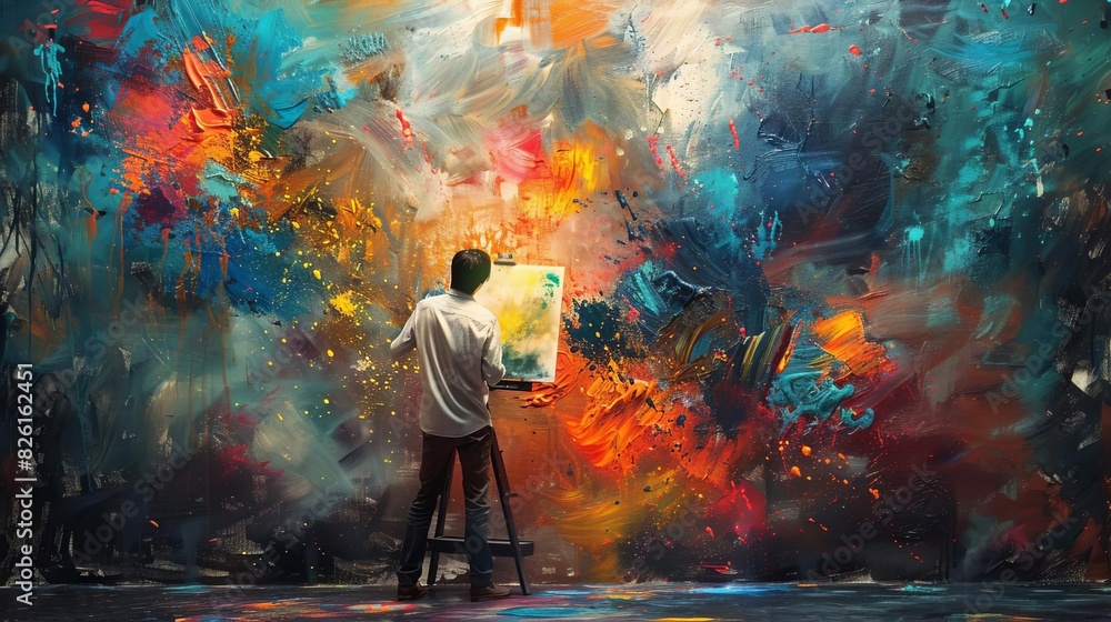 A creative artist stands in front of a vibrant, abstract painting, engrossed in the act of creating a masterpiece on a large canvas. A creative artist stands in front of a vibrant, abstract painting, engrossed in the act of creating a masterpiece on a large canvas.