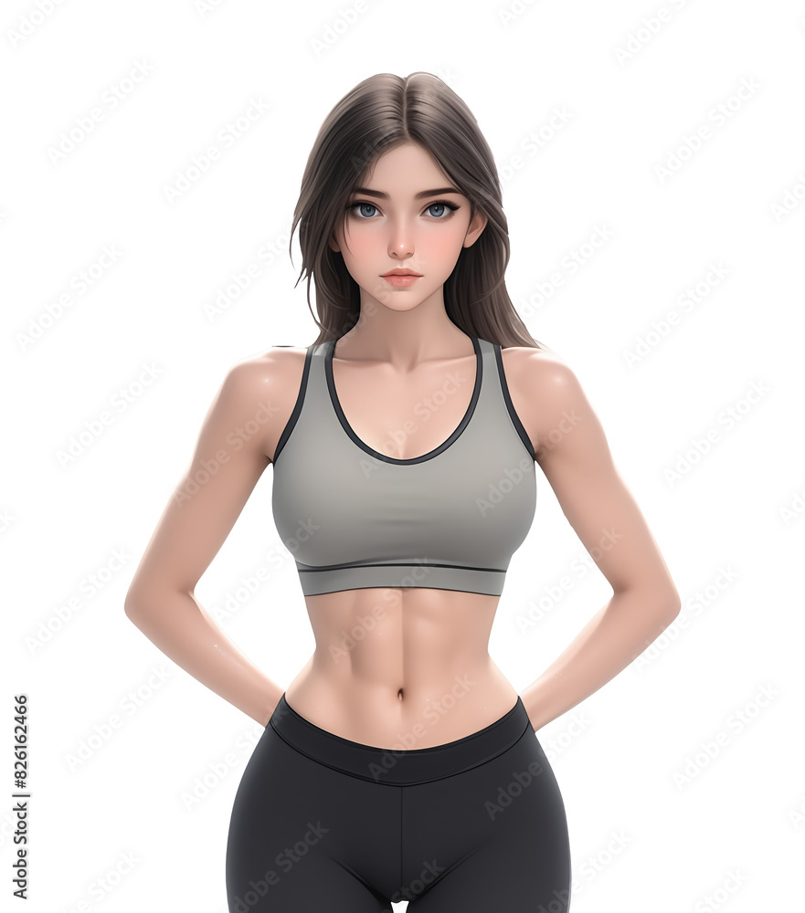 woman is wearing a grey tank top and black pants isolated on transparent background, cartoon style woman is wearing a grey tank top and black pants isolated on transparent background, cartoon style