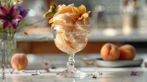 Elegant Peach Ice Cream Dessert in Crystal Glass with Edible Flowers on Marble Countertop