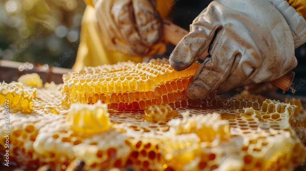 Beekeeper harvesting fresh from beehive in sunshine. Gloved hands holding wax