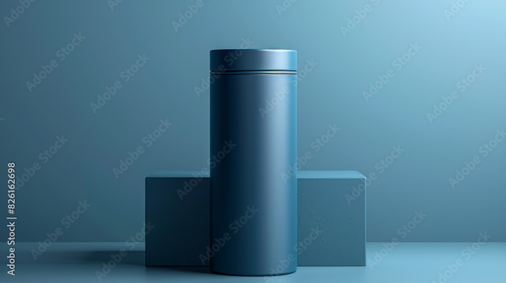 A blue canister sits on top of two blue blocks A blue canister sits on top of two blue blocks