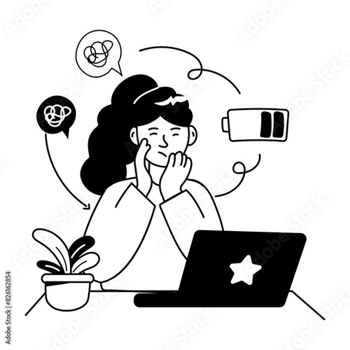 Trendy hand drawn mini illustration of tired employee 