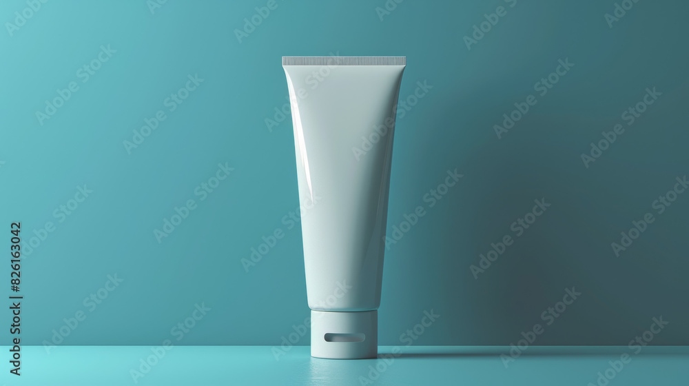 A tube of toothpaste is sitting on a blue surface A tube of toothpaste is sitting on a blue surface
