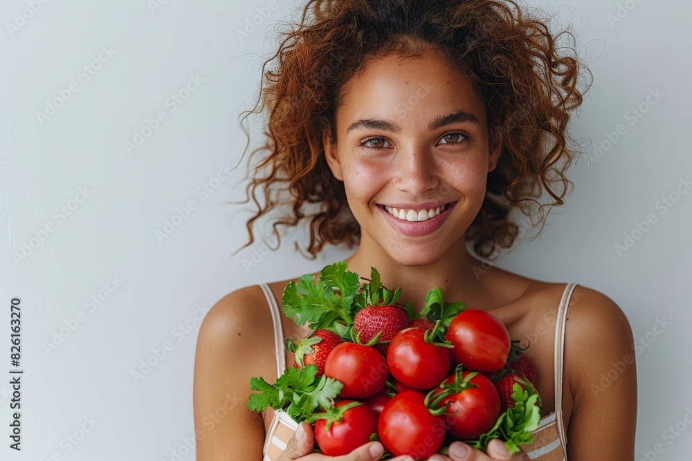 Smiling woman holding a bunch of fresh tomatoes and herbs, promoting healthy eating Smiling woman holding a bunch of fresh tomatoes and herbs, promoting healthy eating
