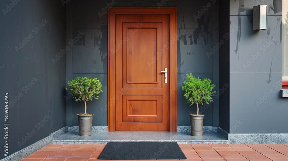 wooden door with a silver handle sits in front of a building wooden door with a silver handle sits in front of a building