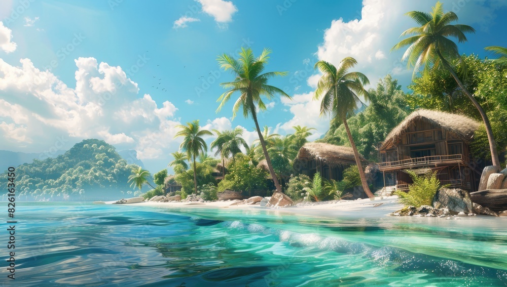 Obraz premium Tropical Paradise with Beachfront Bungalows