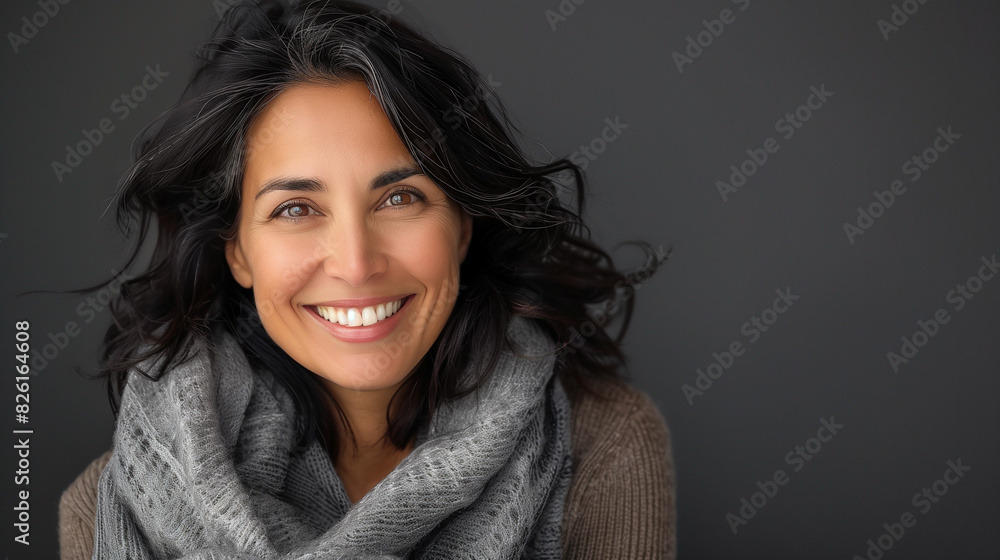 Smiling adult woman with black hair and brown eyes. Lady wearing gray scarf. Smiling adult woman with black hair and brown eyes. Lady wearing gray scarf.