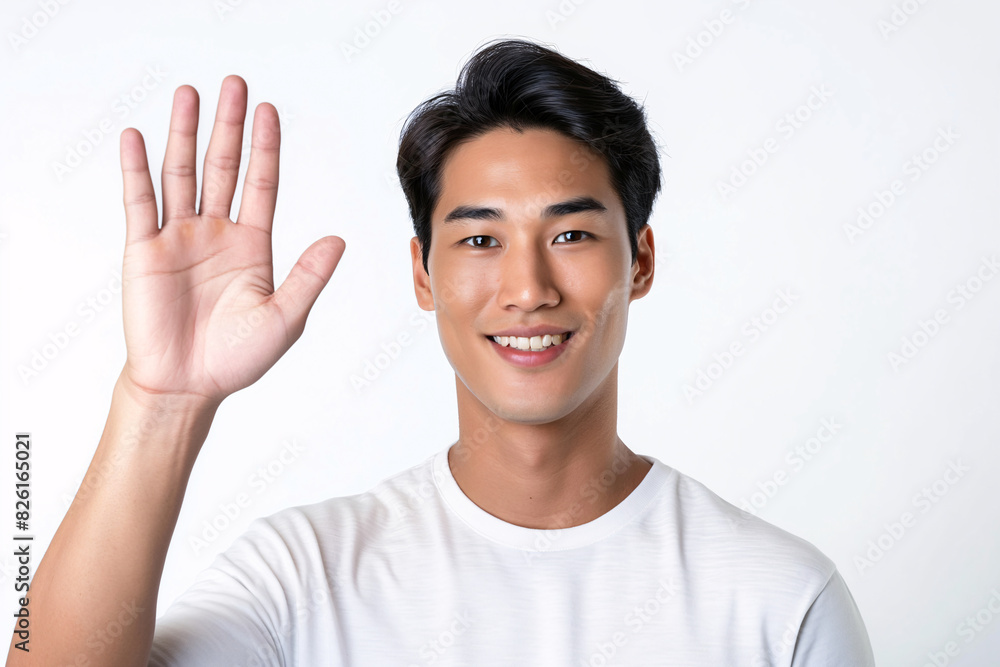 Young Asian Man Smiling and Waving Hand in Studio Portrait Wearing White T-Shirt Young Asian Man Smiling and Waving Hand in Studio Portrait Wearing White T-Shirt