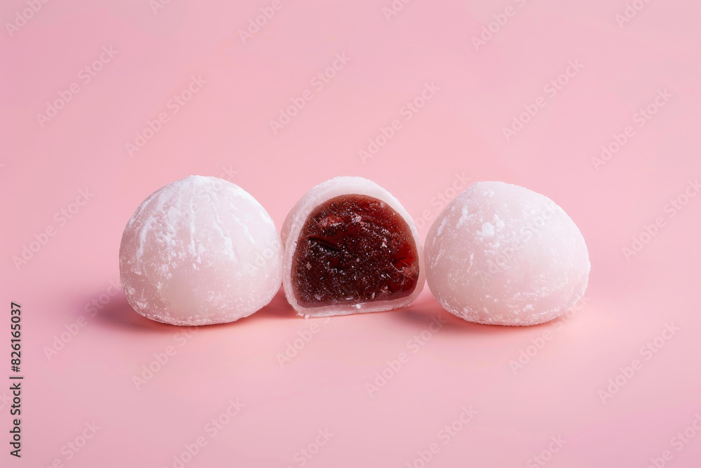 Three delicious white mochi desserts with red bean filling on pastel pink background Three delicious white mochi desserts with red bean filling on pastel pink background