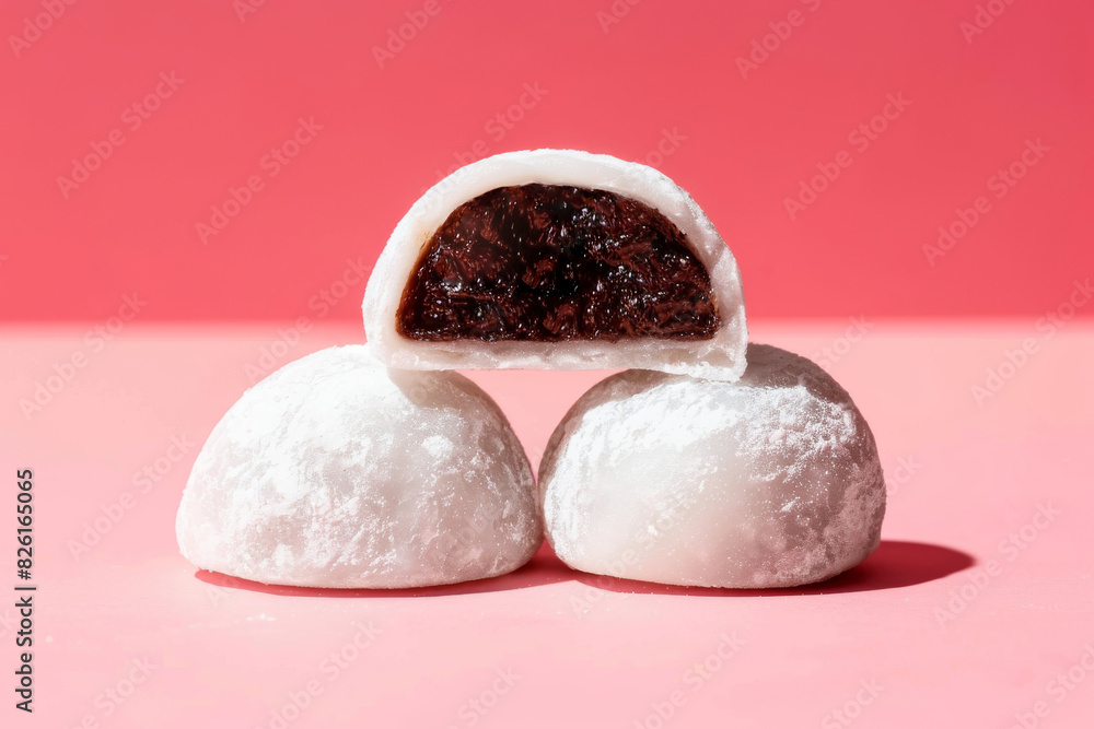 Three sweet red bean mochi arranged on pink surface in daylight Three sweet red bean mochi arranged on pink surface in daylight
