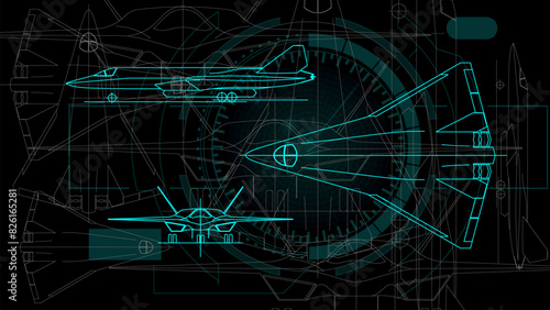 The sketch drafting of jet fighter. Line art background wallpaper.