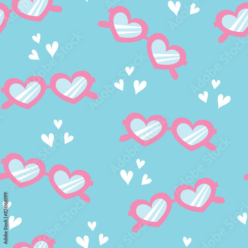 Seamless pattern with pink heart shape sunglasses on blue background. Summer, vacation or beach holiday theme repeating wallpaper with hand drawn elements. Vector illustration.