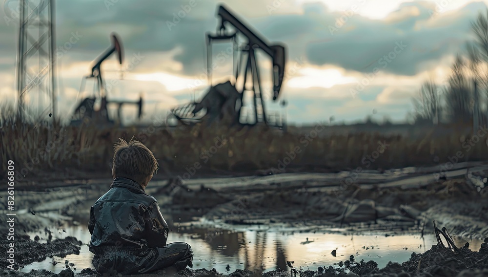 Young Boy Exploring Mud Puddle at Oil Field Young Boy Exploring Mud Puddle at Oil Field