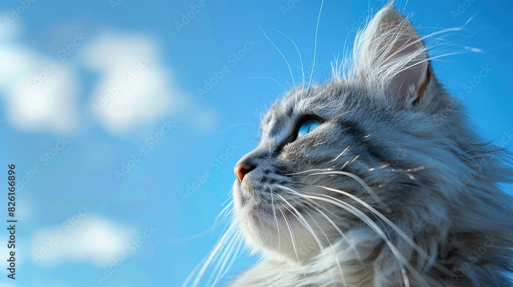 A long haired silver tabby cat against a blue sky background. Generative Ai A long haired silver tabby cat against a blue sky background. Generative Ai