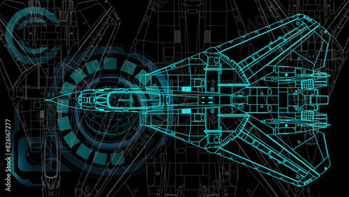 The sketch drafting of jet fighter. Line art background wallpaper.