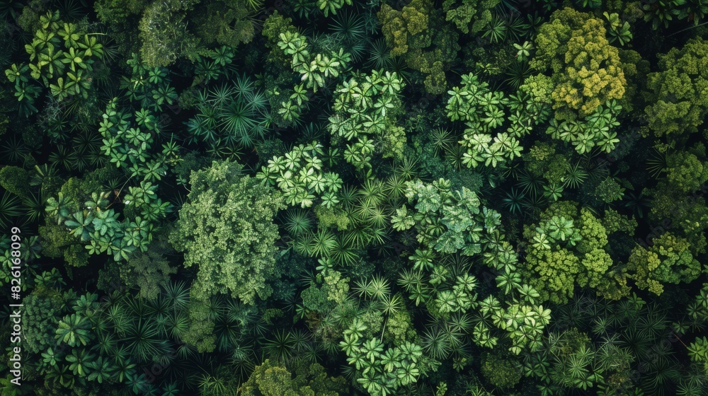 Fototapeta premium Top view of a lush forest. Green background