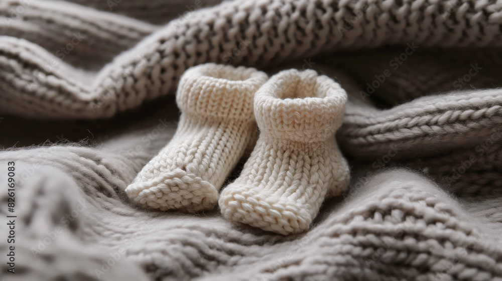 Close-up of warm hand-knitted baby booties lying on a cozy woolen blanket suggesting nurturing and care Close-up of warm hand-knitted baby booties lying on a cozy woolen blanket suggesting nurturing and care