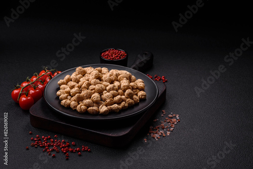 Dry soybean meat pellets, diet food for vegan and vegetarian cuisine