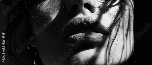 Woman Close-Up of Lips, Monochrome Artistic Scene, Dramatic Textured and Moody Cinematic Elegance, Black and White