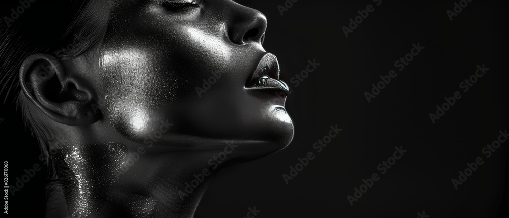 Black and White Portrait of Female Face with Shiny Skin, Artistic Glamour, Copy Space
