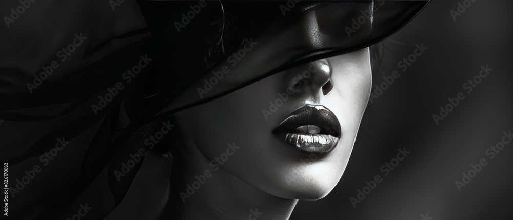 Black and White Portrait of Female Face with Hat and Veil, Glamour Mystery, Copy Space