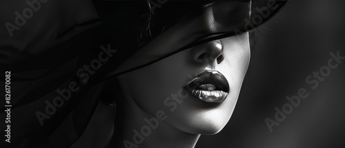 Obraz na płótnie Black and White Portrait of Female Face with Hat and Veil, Glamour Mystery, Copy Space w salonie