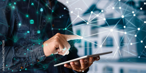 the real estate technology concept, of a real estate businessman using tablet, selling house, with connect dots and lines, sold houses, working, generative ai