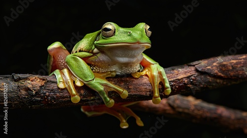 White lipped tree frog Litoria infrafrenata on branch. Generative Ai photo