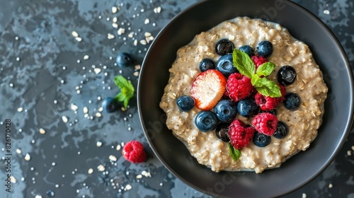 Breakfast of oatmeal topped with fresh berries photo